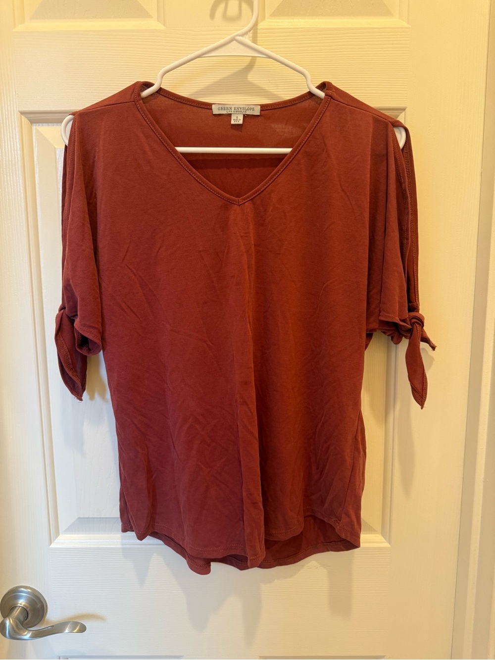 Greylin Rust Tie-Sleeve V-Neck Top with Knotted Short Sleeves